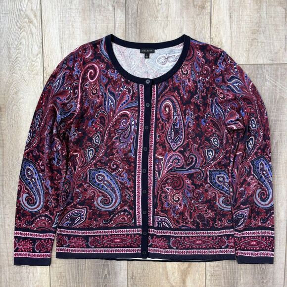 Talbots Women Cardigan Button Up Size L Navy Paisley Office Holiday Preppy Artsy - Picture 5 of 10